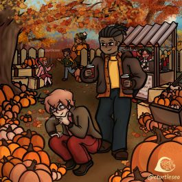 My character Bradley and Cliffe looking for pumpkins to carve together!