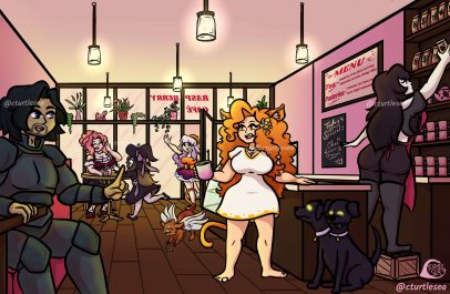 A teashop illustration feaaturing many of my characters!