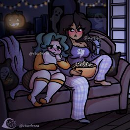 My characters Iona and Caly watching a Scary Movie together!